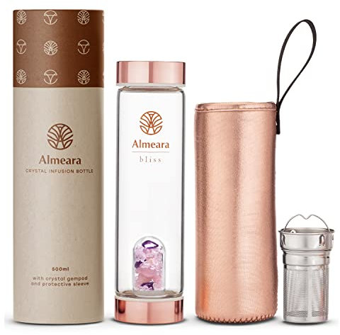 Almeara Kristall-Wasserflasche, Amethyst, Rosenquarz und klare Quarzkristalle, authentische Edelsteine, Tee-Ei für lose Blätter, mit Edelstein-Elixier infundiert, Wasserflasche aus gehärtetem Glas,