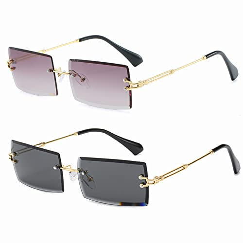 YUELUQU Retro Rahmenlose Sonnenbrille für Damen Herren Mode Retro Rechteck Brille Quadratische durchsichtige Sonnenbrille (B-grau+schwarz)