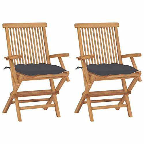 Mogou Gartenstühle mit Anthrazit Kissen, Gartenmöbel, Balkonstühle, Hochlehner, Balkonmöbel, Bistrostuhl, Garten Stühle, Sit Möbel, Armlehnenstuhl, 2 STK. Massivholz Teak