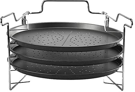 Bandeja para Pizza de acero al carbono, 3 uds., bandeja antiadherente para hornear Pizza + 1 Uds., estante, plato para Pizza, soporte para platos, utensilios de cocina para hornear de 12 pulgadas