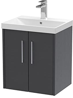 Hudson Reed JNU2221D Juno Modern Bathroom Wall Hung 2-Door Vanity with Thin-Edge Ceramic Basin, 500mm, Woodgrain Graphite Grey