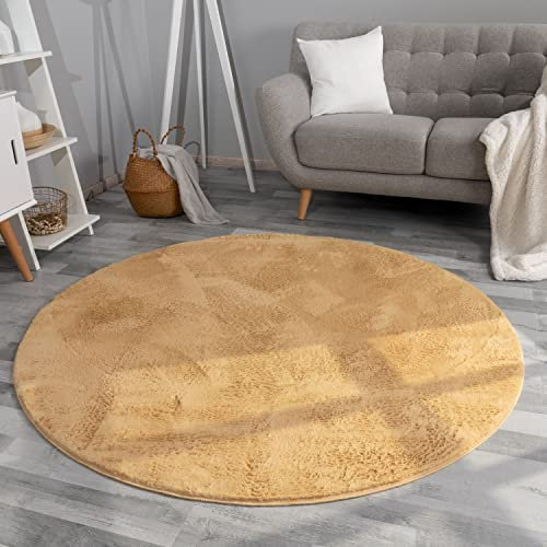 TT Home Wohnzimmer Teppich Hochflor Langflor Kunstfell Weich Modern Unifarben Flauschig, Farbe: Gelb, Größe:80 cm Rund