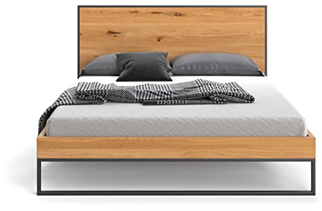 Danzz Massivholzbett Loft Bett Frame 200x220 cm Holzbett Material eich Massivholz Metall für das Schlafzimmer, Bett Eiche massiv Holz geöl, eichefarbig
