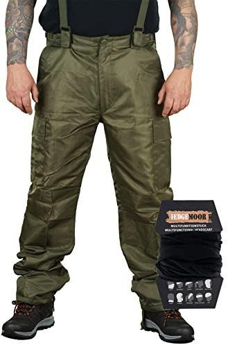 Herren Regenhose mit Hosenträgern Thermohose Schneehose Outdoor Hose inkl. MF Tuch, Oliv, Größe 4XL