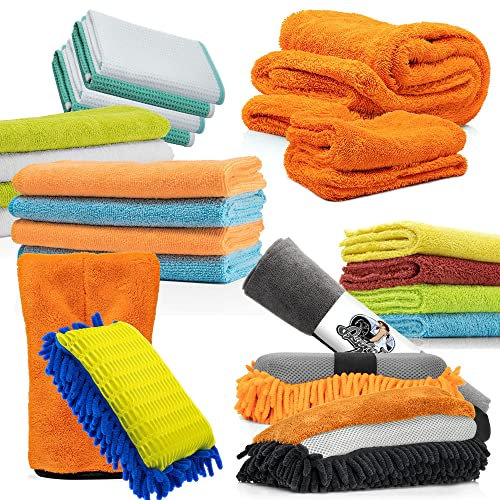 Nuke Guys Microfaser Set mit Trockentüchern, Allzwecktüchern, Premium Mikrofasertuch, Insektennetz Waschschwamm und Chenille-Insektennetz Waschhandschuh