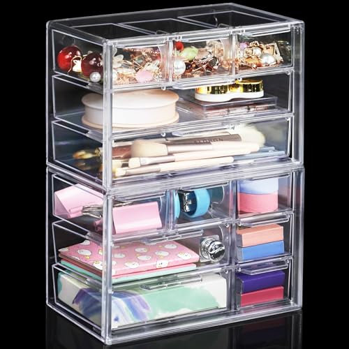 ToyaJeco 2 Packs Desk Storage Organizer with 12 Drawers, Clear Desktop Craft Drawer Cabinet, Stackable Storage Box Caddy for Makeup Jewelry Office Craft Supplies (5+7 Drawers)