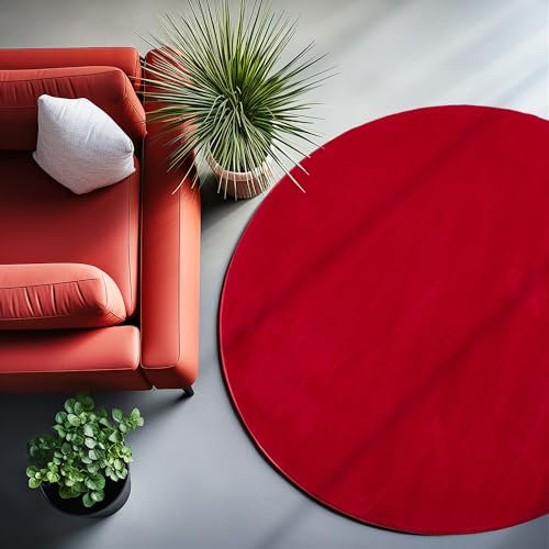 SIMPEX Teppich Wohnzimmer Schlafzimmer Esszimmer Läufer Flur Flauschiger Teppich Waschbar rutschfest Soft Weich Carpet Kurzflor Größen, Rot, 200 cm Rund