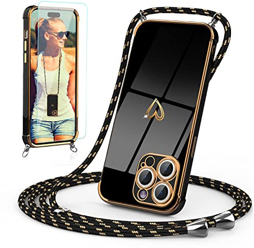Togestar Handykette Hülle für iPhone 11 Pro Max Handyhülle mit Band und Schutzfolie, Kameraschutz Herz Love Design 360 Grad Stoßfeste Schutzhülle Silikon TPU mit Kordel zum Umhängen, Schwarz