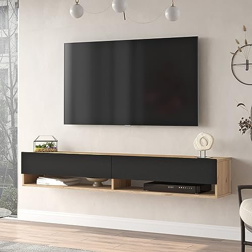 [en.casa] TV Board Laitila TV Schrank mit 2 Ablagen 2 Schranktüren Lowboard Fernsehtisch 180 x 31,5 x 29,5 cm Sideboard hängend Eiche/Schwarz