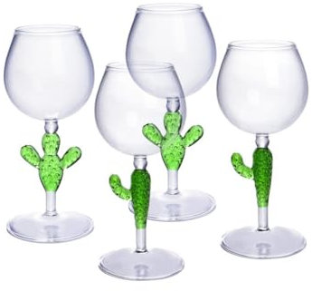 Vente-unique - Lot de 4 verres à vin avec pieds cactus - Transparent et vert - D. 8.5 x H 19.5 cm - GELLIF