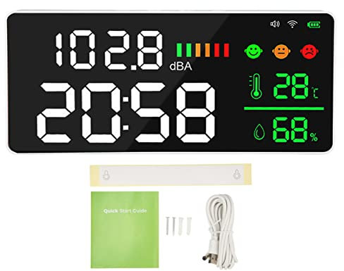 Glomora 11-Zoll-Dezibelmessgerät Mit LED-Anzeige – 5-in-1-Wand-Schallpegelmessgerät Mit Temperatur, Luftfeuchtigkeit, Uhr Und WLAN-Konnektivität