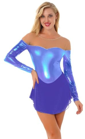 Damen Eiskunstlaufkleid, lange Ärmel, Wettkampf, Ballett, Tüll, Turnanzug, violett, 46