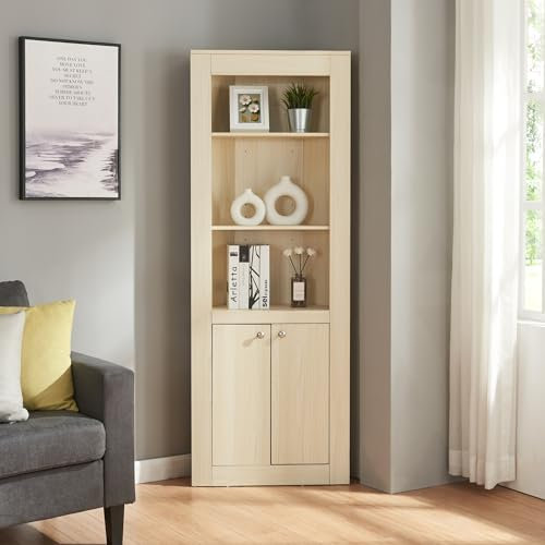 [en.casa] Eckschrank Eura Wohnzimmerschrank mit 2 Türen Hochschrank Bücherschrank Aktenschrank mit 3 offenen Ablagen Eckregal für Wohnzimmer, Büro, Flur 170x62x30cm Eiche
