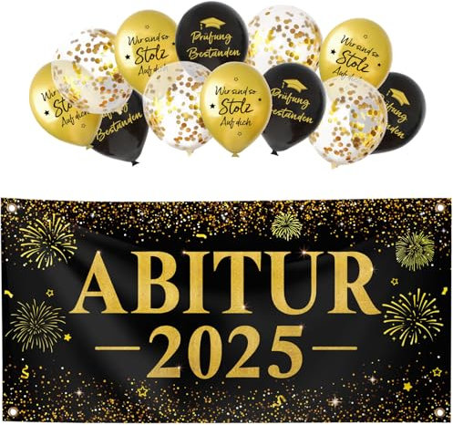 BETESSIN ABI 2025 Deko Schwarz-Gold - Abitur 2025 Banner 180x90cm mit 12 Luftballons - Graduation Dekoration für Abi Abschlussfeiern und Abitur Prüfungserfolge