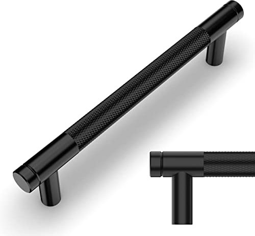 Amerdeco 10 Pack Matte Black Knurled Cabinet Pulls 128mm Hole Center Cabinet Hardware Kitchen Cabinet Handles for Bathroom Drawer Pulls Dresser Pulls AM003