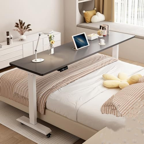 Betttisch auf Rollen Höhenverstellbar Holz Mobilitätstisch Über Dem Bett Höhenverstellbar 75–103 cm, Kingsize-Betten, Rollender Medizinischer Bettschreibtisch(Gray)