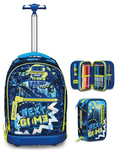 Trolley Run Scuola Mitama, Doppio Scomparto, Blu, Bambino Ragazzo + Astuccio Scuola 3 Scomparti con Contenuto 47 pz