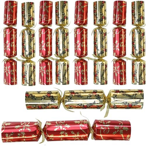 Toyland® 10 Knallbonbons für Weihnachtsessen ohne Knalleffekt – Dinnerparty-Dekoration – Deluxe-Geschenke mit Partyhut und Witz – Größe 10 x 14 Knallbonbons (rote und goldene Stechpalme)