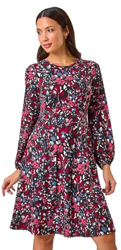 Roman Originals Women Gathered Chest Dress Ladies Stretchy Fit & Flare Swing Tea A Line Skater Knee Length Long Sleeve Midi Smart Casual Work Going Out Cocktail Party - Pink Multi - Size 16
