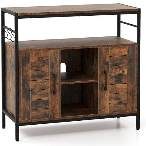 COSTWAY Aparador de Cocina, Armario Auxiliar de Cocina con 2 Puertas, Compartimentos Abiertos, Estantes Ajustables, 3 Ganchos, Mueble Industrial para Cocina, Comedor, Sala de Estar