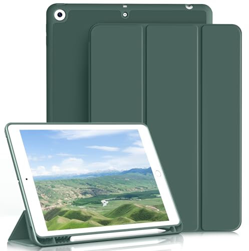 ZKTUYU Hülle für iPad 9./8./7. Generation mit Stifthalter ipad 9 Generation hülle 10.2 Zoll Modell 2021/2020 / 2019, für iPad 10.2 Zoll, Ultradünne Schutzhülle aus TPU mit Standfunktion, Dunkelgrün