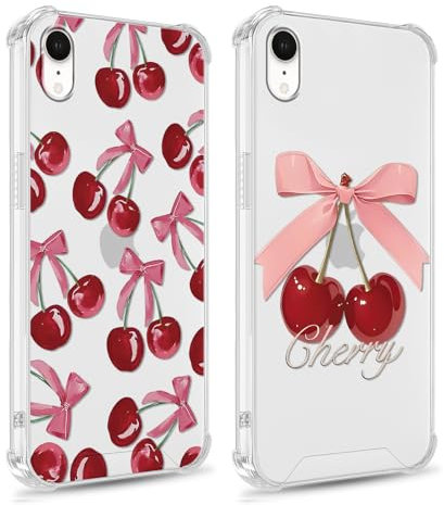 Phoona 2 packs Phone Case for iPhone XR 6,1'', Cherry Bow Print with Airbag Corners Aesthetic Design Transparent Cover, Hybrid Design Hard PC Back Shockproof Protective Bumper Funda