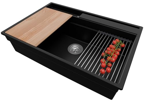 PRIMAGRAN Spülbecken ab 80er Unterschrank + Ablauf-Set, 78x53cm | Set: Ablauf-Set (Siphon, Ablaufgarnitur, Überlauf) + Granitspüle 1 Becken - Oslo Pocket Multilevel, Schwarz