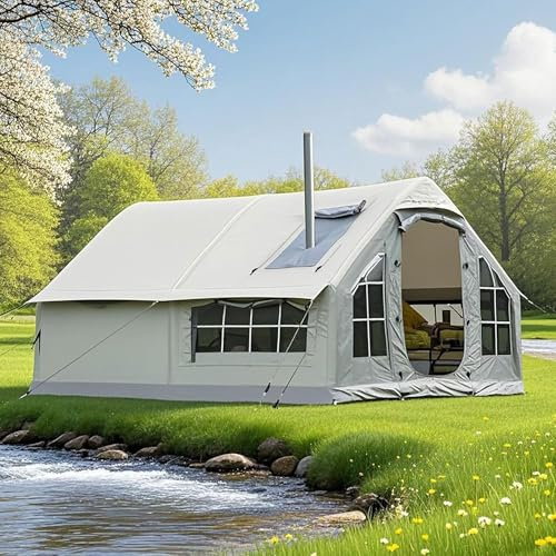 Aufblasbares Zelt, Zelt Aufblasbar mit Ofenloch & Luftpumpe, 4-Saison Luftzelt für Camping 6-8 Personen, Familienzelt Gampingzelt Glampingzelt Großes Zelte Haus Schnellaufbau