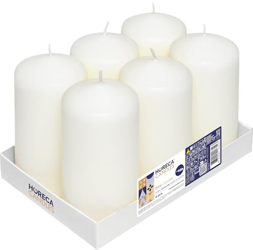 Horeca Candles - Velas de Pilar Marfil - Ø 6 x 12 cm - Juego de 6 Velones Decorativos - 40 Horas de Larga Duración - Sin Olor, Goteo ni Humo - Calidad RAL