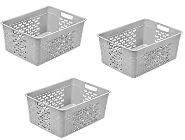 BranQ Home essential Universeller, multifunktionaler, Aufbewahrungskorb in Cotton Design, Kunststoff, 3er Set Grösse S- 3,5 Ltr., Hellgrau