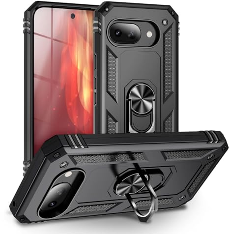 NALIA Panzerhülle für Google Pixel 9a - Hülle, Schwarz | 2-lagiger Aufprallschutz, TPU-Kern mit PC-Außenschale, Integrierte Metallplatte, Griffig bei Nässe, RINGDEFEND
