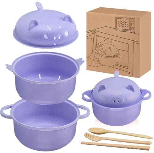 Romooa Large 45oz Ramen Noodle Bowl Microwavable Cute Pig Ramen Cooker Wheat Straw Microwave Bowl with Strainer Lid Handle Spoon Chopsticks Fork Gift for Home Dorm College Office(Purple)