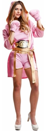 My Other Me Damen-Boxer-Kostüm, Größe M-L. Inklusive rosa Robe mit Kapuze und goldfarbener Paspelierung, Oberteil und Shorts mit Schärpe, rosa Handschuhen und Champion-Gürtel. Steigen Sie stilvoll in