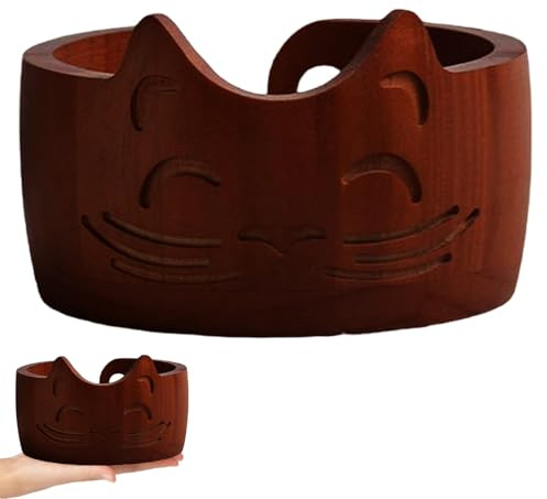 ARCPNRT Bol à Fil en Bois, Fil Bowl Fait Main, 17 x 10 cm Support de Laine Rond avec Trous, Bol à Laine, Bols de Rangement en Forme de Chat, pour Ranger Accessoires de Crochet(Couleur Bois Foncé)