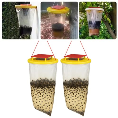2 Pack Fly Trap Outdoor Hanging Flies Catcher,Disposable Ranch Fly Trap Catcher Bag with Bait,Flies Killer Repellent for Outdoor Garden, Farm, Horse Barn