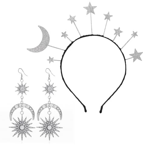 YIPFEN Sterne Mond Haarreif Silber für Damen als Weltall Kostüm Accessoire für Karneval Fasching und Halloween Galaxie Haarschmuck mit Sonne Ohrringe für Space Mottoparty