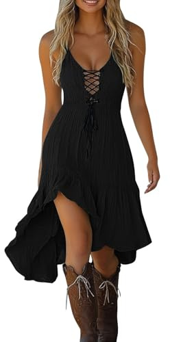 DASONLUE Damen Langes Vintage Boho Kleid Rustikaler Stil V-Ausschnitt Lässiges Maxikleid Western Country Cowgirlkleid Halloween Spaghettiträgern Trendige Lässige A-Linie Midikleider