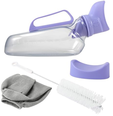 WEESTAAMO Urinflasche für Frauen 1200ml mit Strickhülle & Reinigungsbürste - Auslaufsicheres Urinal Damen Lila, Tragbare Toilette für Auto, Camping & Bettlägerige (Inkl. Trichter & Deckel)