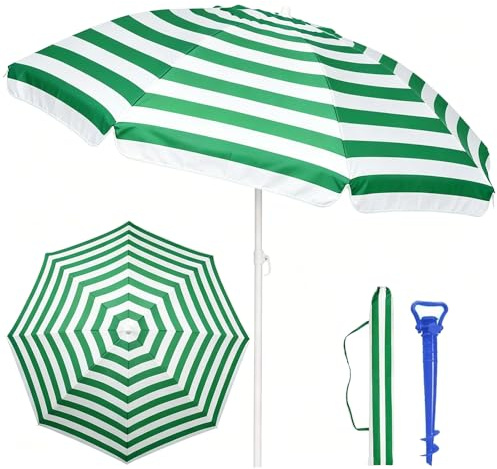 MIMOCASA Sombrilla Playa Grande 220 cm, Protección UV+50, Sombrilla Antiviento, Soporte Metálico, Mástil Inclinable y Regulable Altura, Bolsa Transporte y Soporte Arena