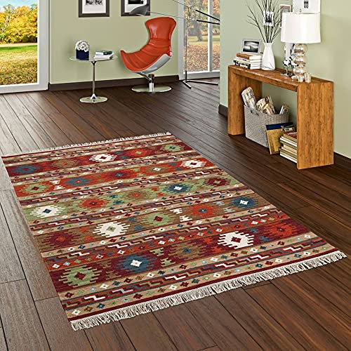 Theko Natur Teppich Kelim Sumak Rot Bunt Modern in 7 Größen
