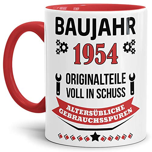 Geburtstags-Tasse Baujahr 1954 Innen & Henkel Rot/Kaffee-Tasse/Mug/Cup/Becher/Lustig/Witzig/Fun/Geschenk-Idee/Geburts-Jahr/Scherz-Artikel/Geburtstags-Geschenk