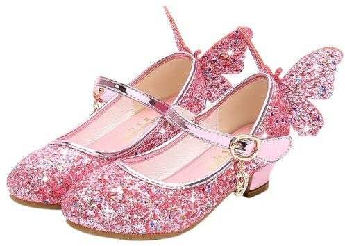FStory&Winyee Mädchen Schuhe Prinzessin Kinder Ballet Schuhe Absatz Partei Glitzer Schmetterling Kristall Sandalen Ballerina Cinderella Elsa Cosplay Kostüm Karneval Party Aufführung Fasching 26-38