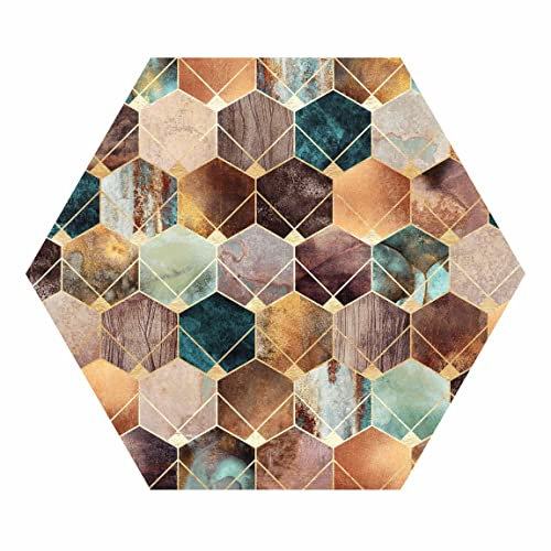 Hexagon Tapete - Elisabeth Fredriksson - Türkise Geometrie goldenes Art Deco, 43cm x 50cm, Vlies Selbstklebend