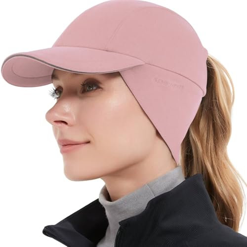 GADIEMKENSD Winter Fleece Hats Reflective Ponytail Hat for Women Baseball Caps with Earflap Drop Down Ear Warmer Mens Skull Cap Beanie with Visor Cold Hat for Outdoor Hiking Running Snow Ski Pink