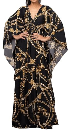 Bsubseach Plus Size Caftan Dresses for Women Swimsuit Cover Up Batwing Sleeve Summer Maxi Kaftan Dress Black Chain