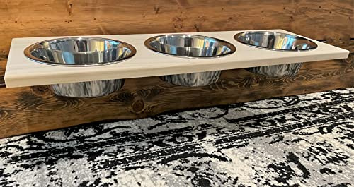 Chic, Floating, Wood, Height-Flexible Wall Mount Dog/Cat/Pet Food & Water Bowl Holder/Feeder with 3 S.S. Dishwasher-Safe Bowls (~ 2 Quart / 64 oz / 1890 ml) for Large Pets. 3-Screw Installation.