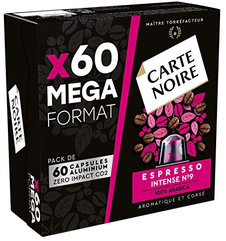 Carte Noire, Espresso Intense, capsules en aluminium compatibles Nespresso, 1 paquet de 60 dosettes de café, 100% arabica, notes de fruits secs et de chocolat, intensité 9/10, goût riche et durable