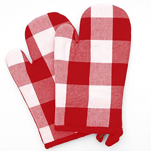Lot de 2 gants de four à carreaux rouges en 100 % coton - Gants de cuisine pratiques - Résistants à la chaleur