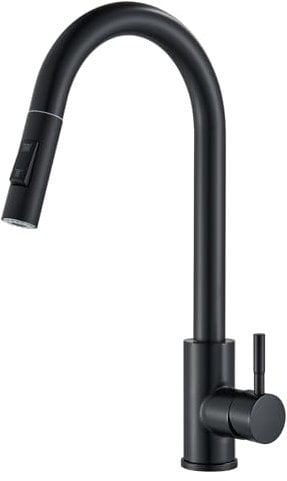Suguword Kitchen Sink Faucet Pull Out Kitchen Mixer Tap - High Arc Spout Bar Sink Tap 1 Hole, Dual Spray Modes | Solid Brass | Matte Black | 360° Swivel