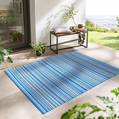 Outdoor Kurzflor Teppich Santa Monica wetterfest, wasserfest, rechteckig, Höhe: 3 mm, Balkon Garten Terrasse Camping Wintergarten türkis-blau gestreift 160x230 cm
